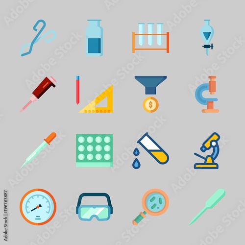 Icons about Laboratory with secure glasses, microscope, gas jar, loupe, lab and separator funnel © Orxan
