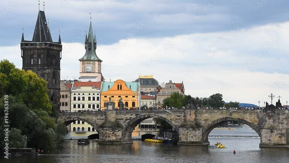 High angle panoramic view of Prague old town and Charles Bridge over Vltava river sunny day High angle panoramic view of Prague old town and Charles Bridge over Vltava river sunny day