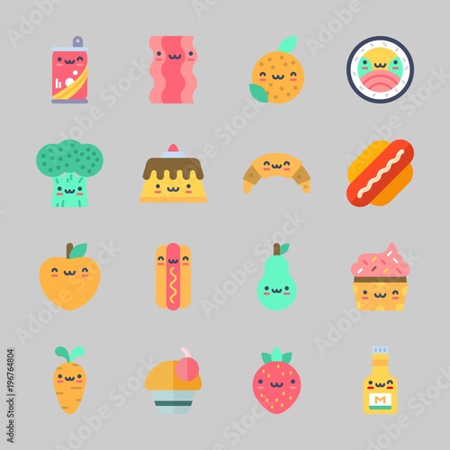 Icons about Food with pear, mustard, strawberry, hot dog, pudding and croissant