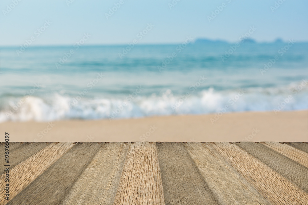 Empty space of old wooden balcony with blurred seascape at the front, For use as background