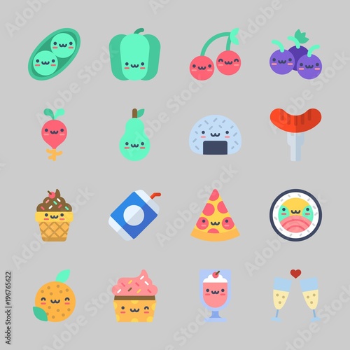 Icons about Food with toast, onigiri, radish, pizza, pea and pear