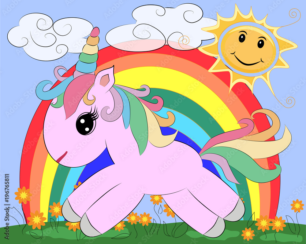 Fototapeta Mały różowy cute cartoon Jednorożec na polanie z tęczy, kwiaty, słońce. Pocztówka, wiosna, magia