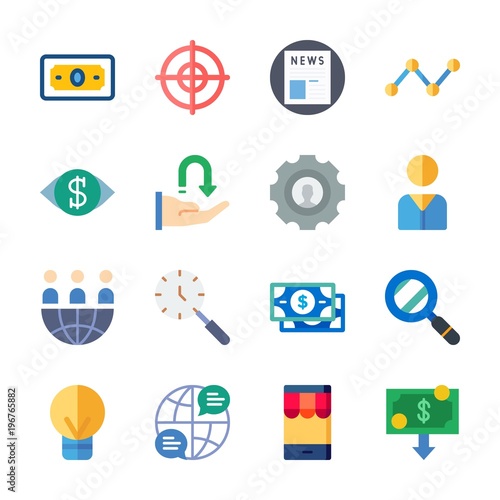 icon Marketing with vision, target, newspaper, smartphone and money