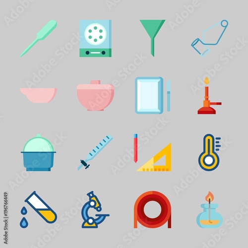 Icons about Laboratory with crucible, kipp's apparatus, microscope, trough, funnel and burner