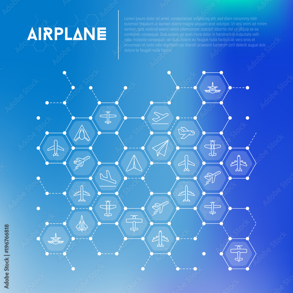 Airplane concept in honeycombs with thin line icons: agricultural aircraft, passenger's plane, military aviation, paper plane. Top, side, front views. Vector illustration for print media, banner.