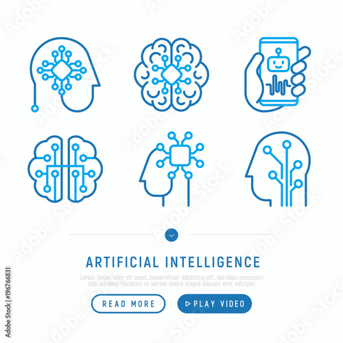 Artificial intelligence thin line icons set: robot, brain, machine learning, marketing analytics, cpu, chip, voice assistant. Modern vector illustration.