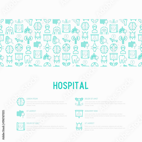 Hospital concept with thin line icons for doctor's notation: neurologist, gastroenterologist, manual therapy, ophtalmologist, cardiology, allergist, dermatologist. Vector illustration for print media.