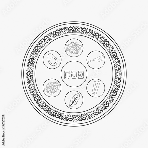 Passover holiday seder plate flat black outline design icon