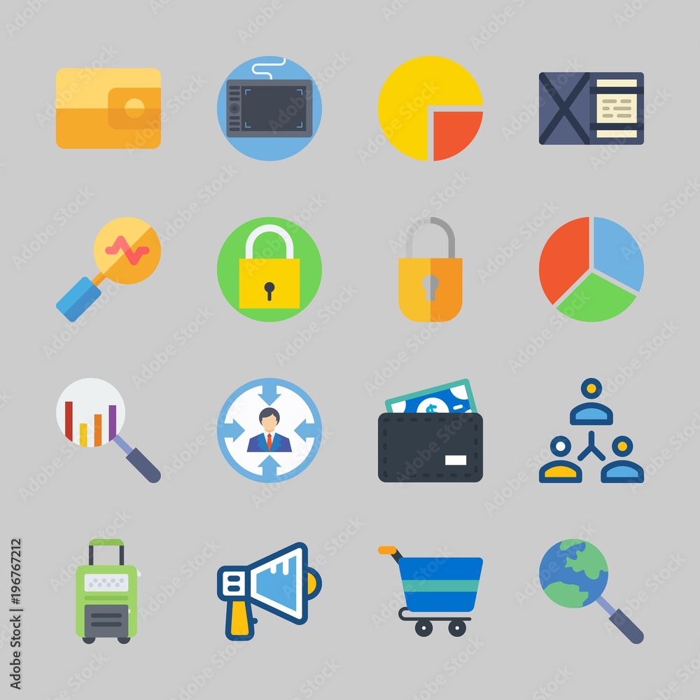 Icons about Commerce with networking, wallet, suitcase, target, padlock and pie chart Icons about Commerce with networking, wallet, suitcase, target, padlock and pie chart