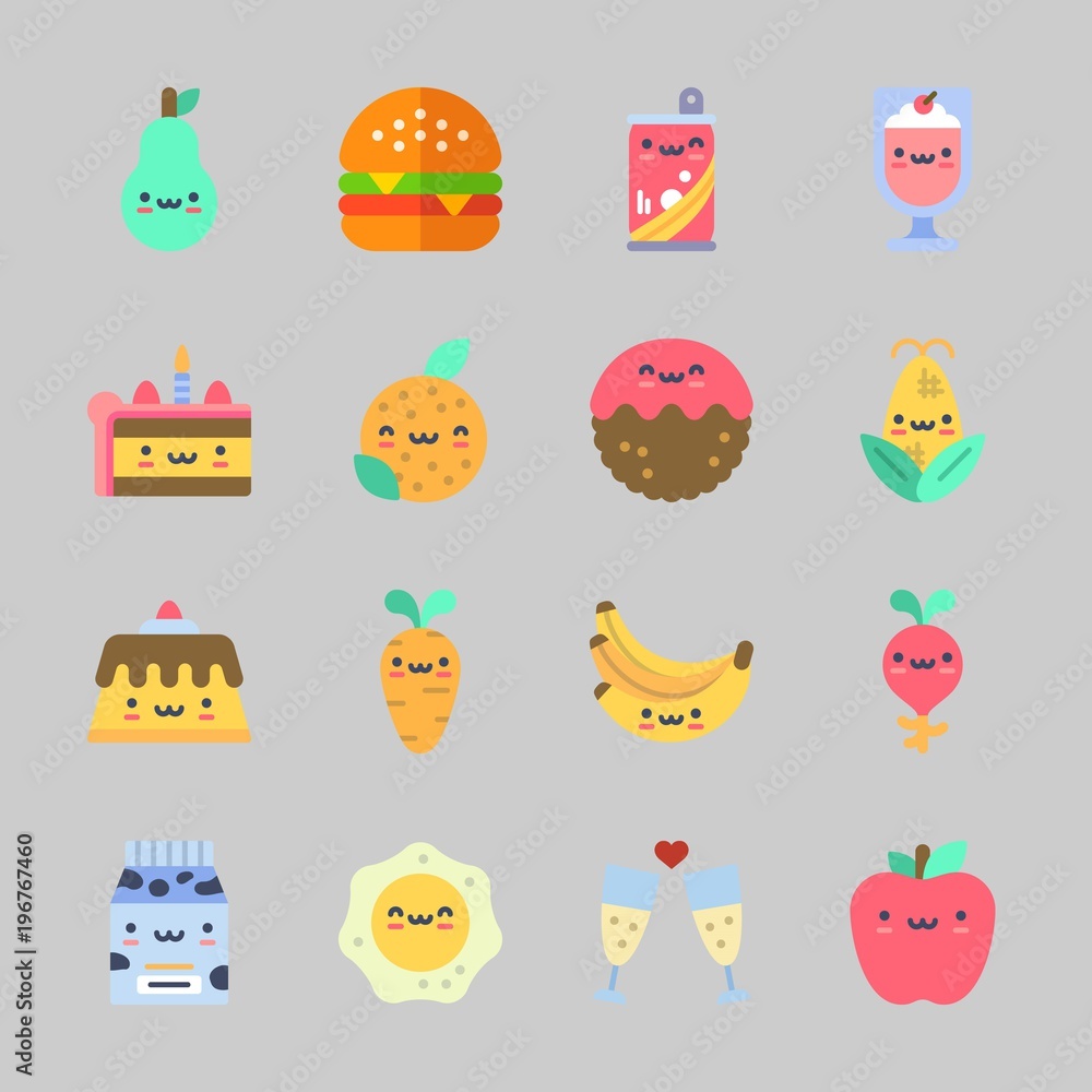 Icons about Food with apple, milk, toast, corn, hamburger and milkshake