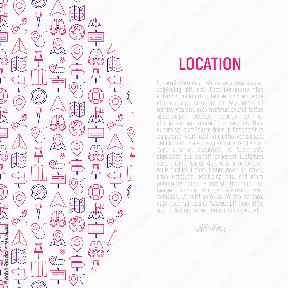 Location concept with thin line icons: pin, pointer, direction, route, compass, wall needle, cursor, navigation, gps, binoculars. Modern vector illustration for banner, web page, print media. Location concept with thin line icons: pin, pointer, direction, route, compass, wall needle, cursor, navigation, gps, binoculars. Modern vector illustration for banner, web page, print media.