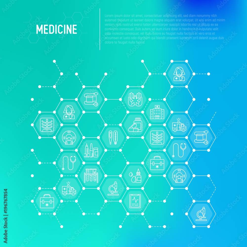 Medicine concept in honeycombs with thin line icons: doctor, ambulance, stethoscope, microscope, thermometer, hospital, z-ray image, MRI scanner, tonometer. Modern vector illustration.