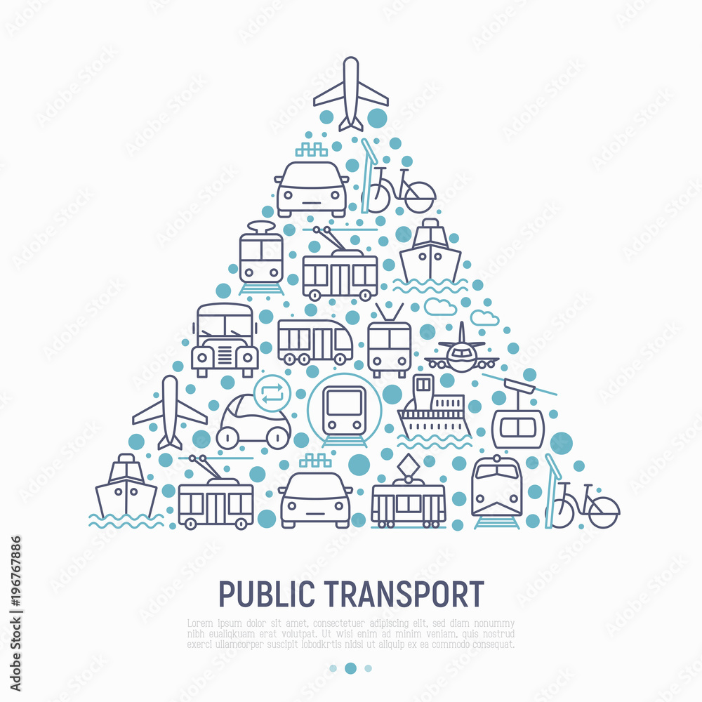Public transport concept in triangle with thin line icons: train, bus, taxi, ship, ferry, trolleybus, tram, car sharing. Front and side view. Modern vector illustration for banner, print media.