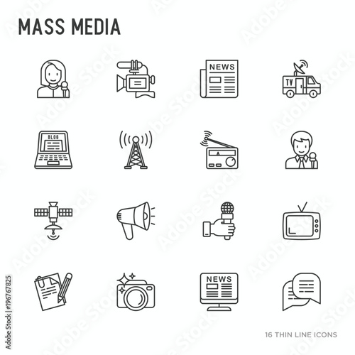 Mass media thin line icons set: journalist, newspaper, article, blog, report, radio, internet, interview, video, photo. Modern vector illustration.