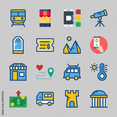 Icons about Travel with smartphone, van, thermometer, money, route and ticket