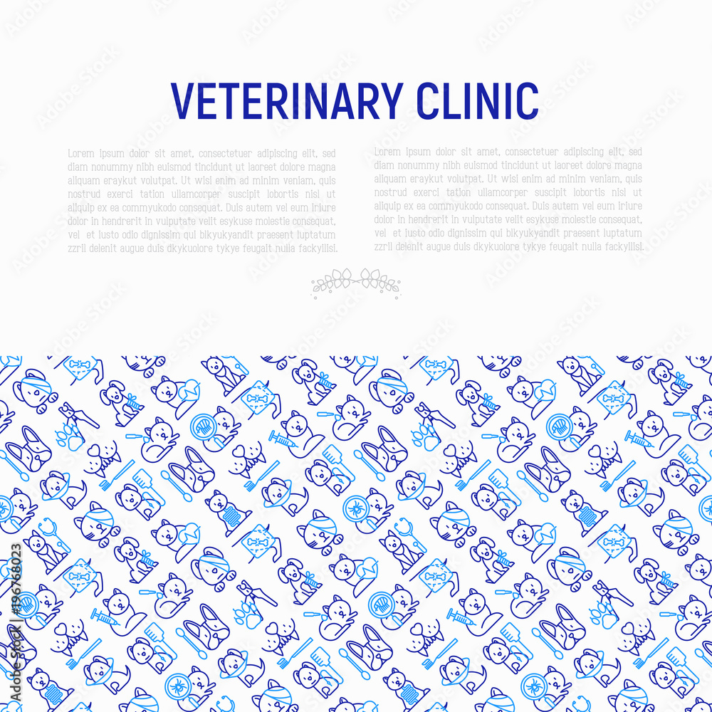 Veterinary clinic concept with thin line icons: broken leg, protective collar, injection, cardiology, cleaning of ears, teeth, shearing claws, bandage on eye, blood transfusion. Vector illustration.
