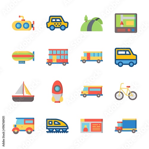 icon Transportation with truck, car, rocket, double decker and driving license