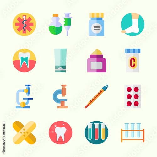 Icons about Medical with test tubes, poison, tablets, patch, sprain and thermometer