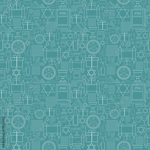 Passover holiday flat design white thin line icons seamless pattern