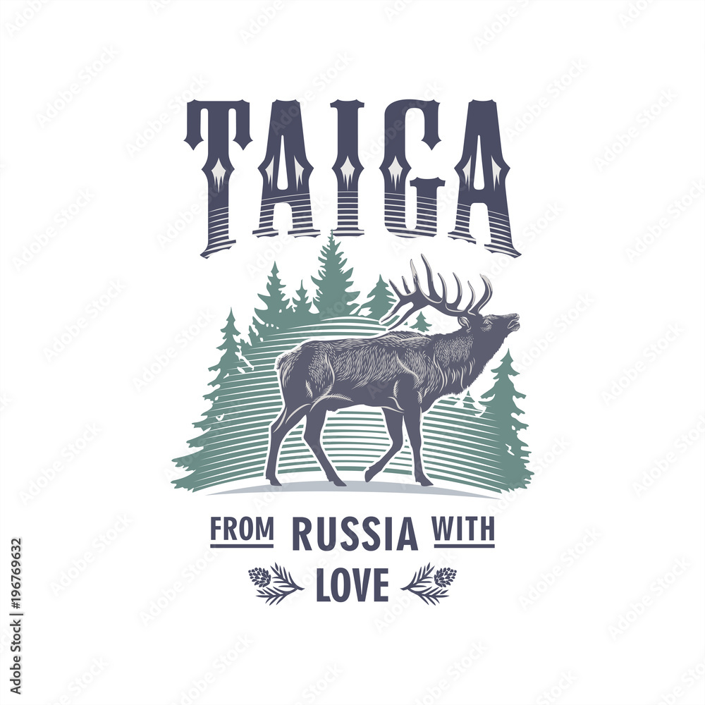 Тайга, Олень Марал на фоне елей, Россия, любовь, иллюстрация, вектор Stock  Vector | Adobe Stock