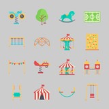 Icons about Amusement Park with amusement park, playground, horse swing, soccer field, motor swing and swings