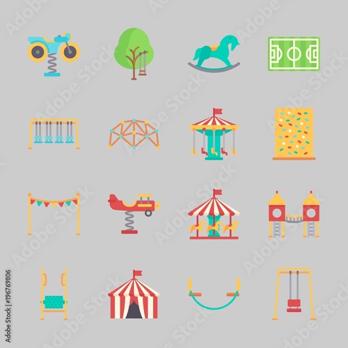 Icons about Amusement Park with amusement park, playground, horse swing, soccer field, motor swing and swings