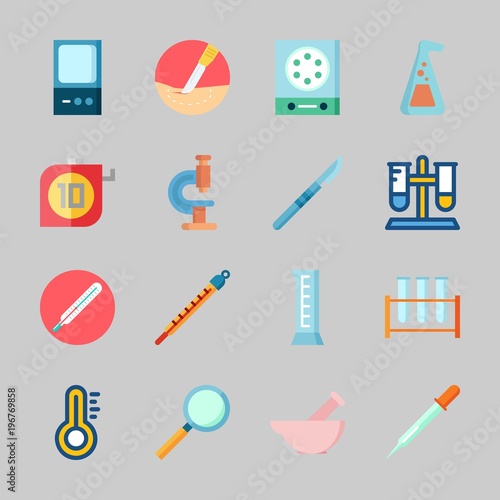 Icons about Laboratory with flask, thermometer, microscope, measuring, lab and loupe