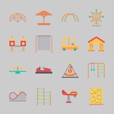 Icons about Amusement Park with roller coaster, ferris wheel, carrousel, bumber car, toy car and pirate ship ride