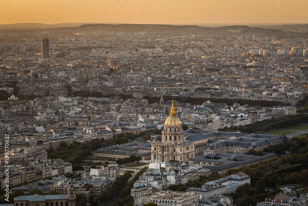 Aerial view of Paris at golden sunset