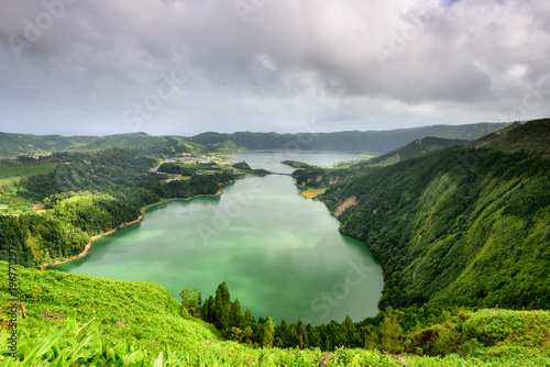 Panoramic landscape from Azores lagoons. island of Sao Miguel has lakes formed in craters. One of the main tourist destinations in Portugal and much desired for family holidays.