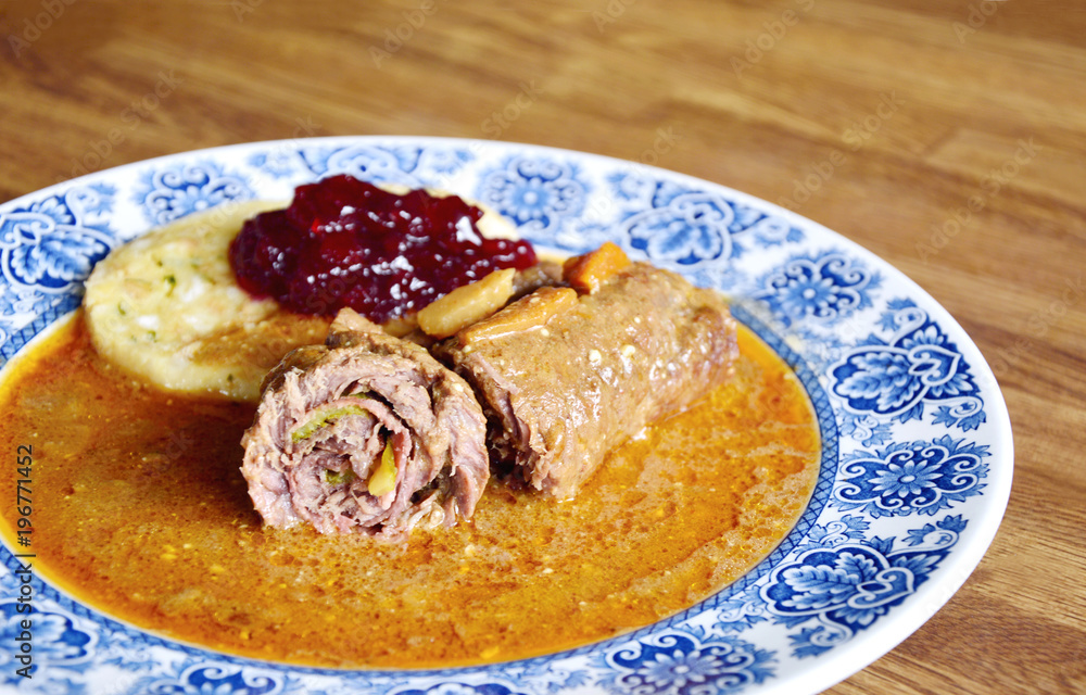 Beef roulade with bread dumpling (German name is Rinderroulade mit Semmelknödel) Beef roulade with bread dumpling (German name is Rinderroulade mit Semmelknödel)
