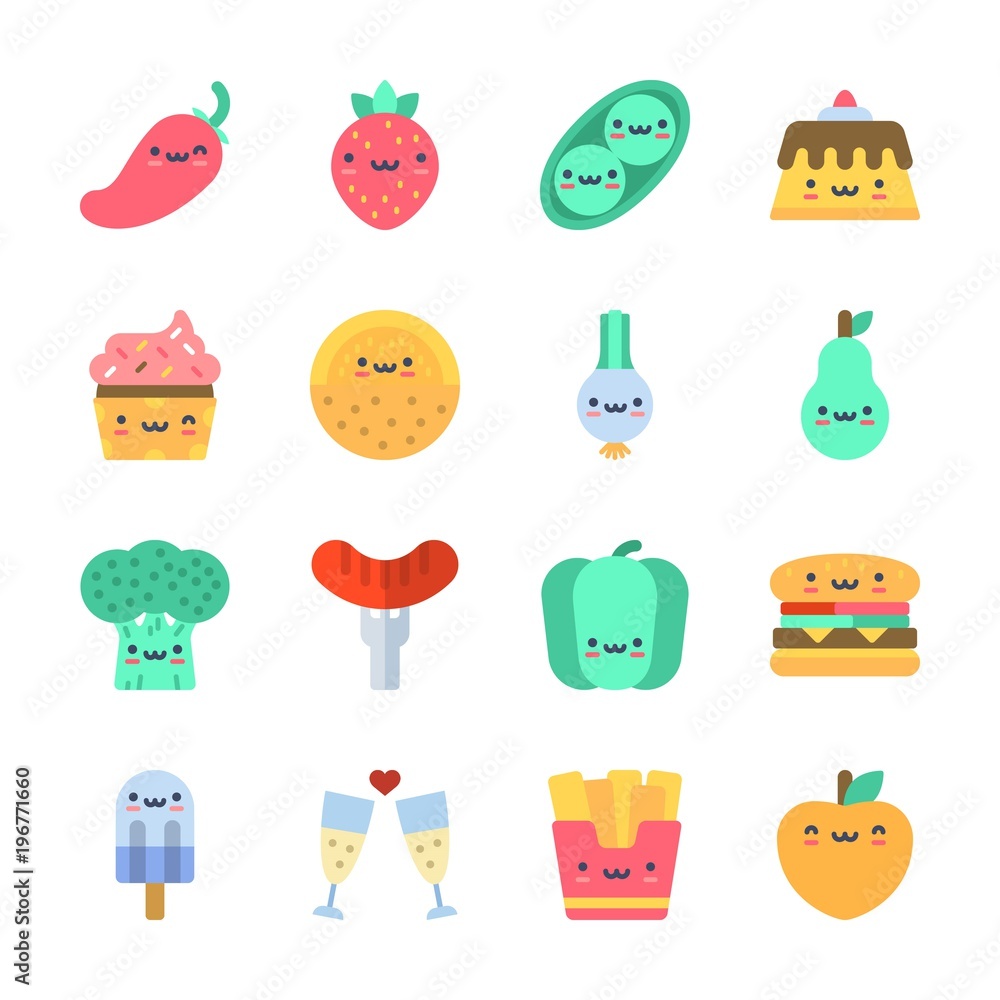 icon Food with pear, toast, hamburger, peach and broccoli icon Food with pear, toast, hamburger, peach and broccoli