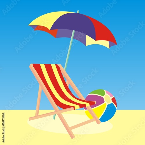 lounger, parasol and beach ball, vector icon
