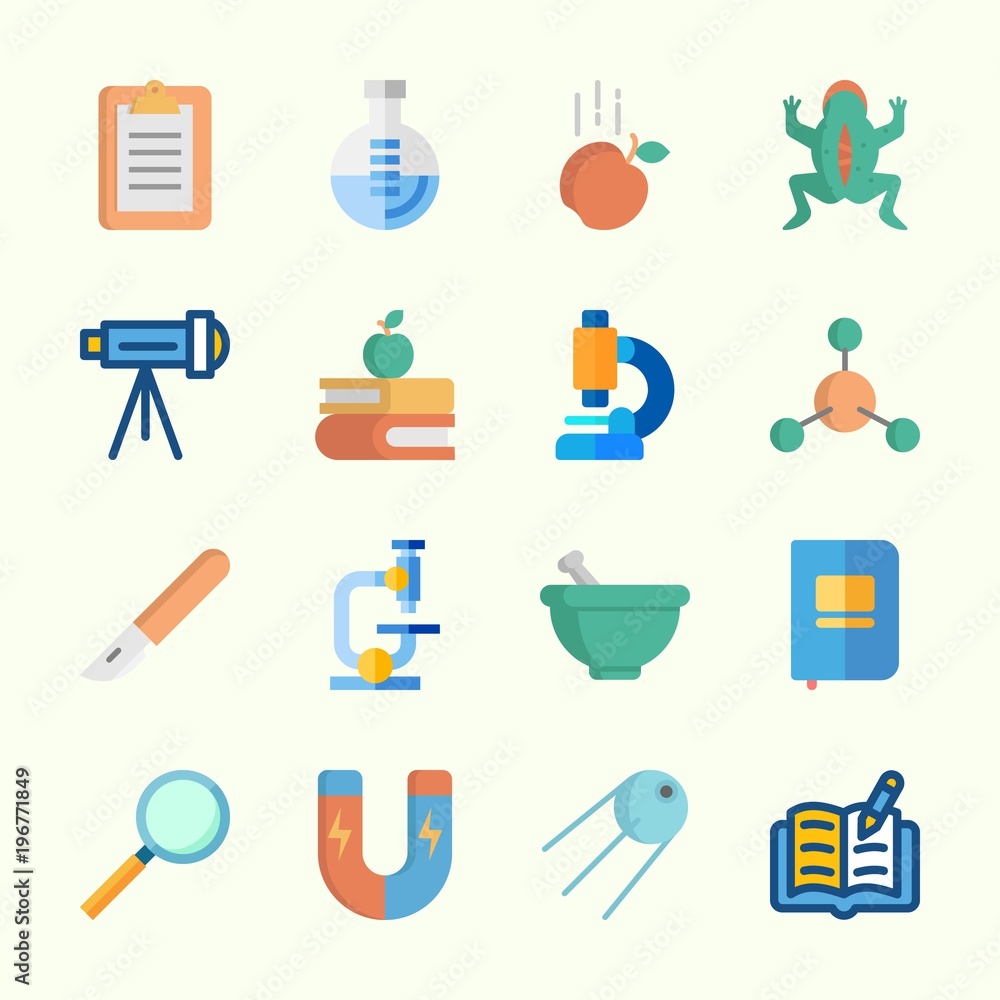 Icons about Science with sputnik, books, mortar, notepad, notebook and atom  Stock Vector | Adobe Stock