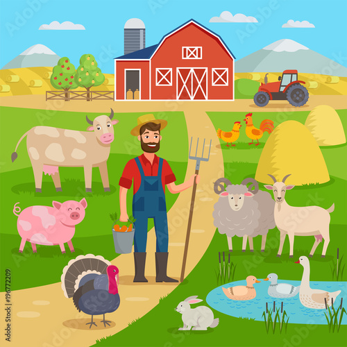 Happy farmer with agricultural landscape and farm animals standing in front of the farm barn and fields with crop. Eco Farming concept vector illustration in flat design. Big set for farm infographics