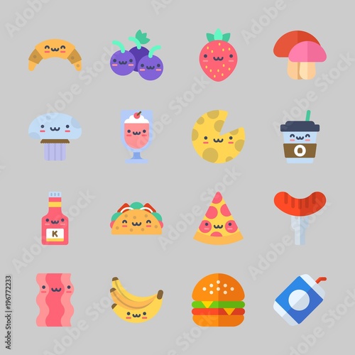 Icons about Food with bacon, hamburger, cheese, croissant, grapes and pizza