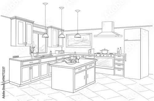 Interior sketch of kitchen room. Outline blueprint design of kitchen
