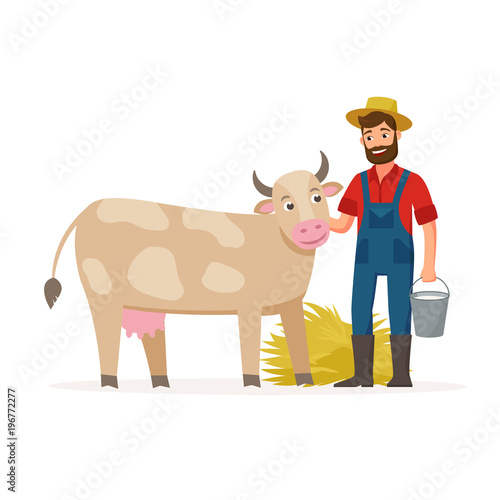 Farmer with a cow and bucket with milk and hay. Farming concept vector illustration in flat design. Happy farmer and farm animal cartoon characters isolated on white background.