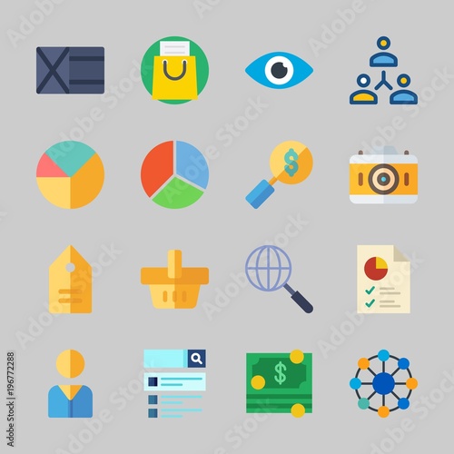 Icons about Commerce with photo camera, shopping basket, pie chart, networking, wallet and search
