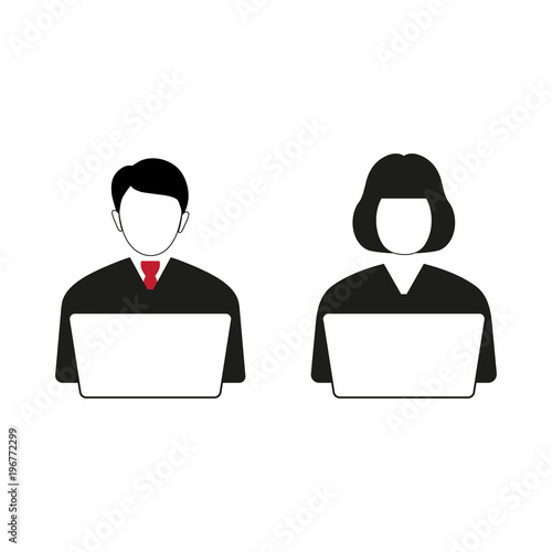 man and woman behind laptop on a white background