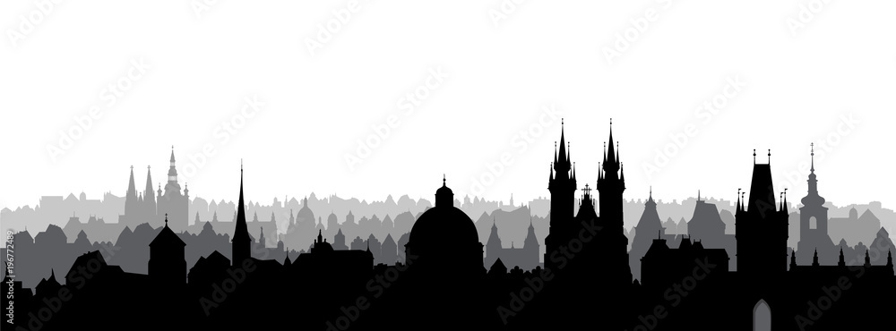 Naklejka premium Miasto Praga, Czechy. Widok na panoramę. Pejzaż miejski z charakterystycznym budynkiem katedry.