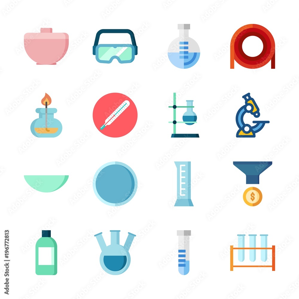 icon Laboratory with secure glasses, flask, test tube, cylinder and watch glass icon Laboratory with secure glasses, flask, test tube, cylinder and watch glass