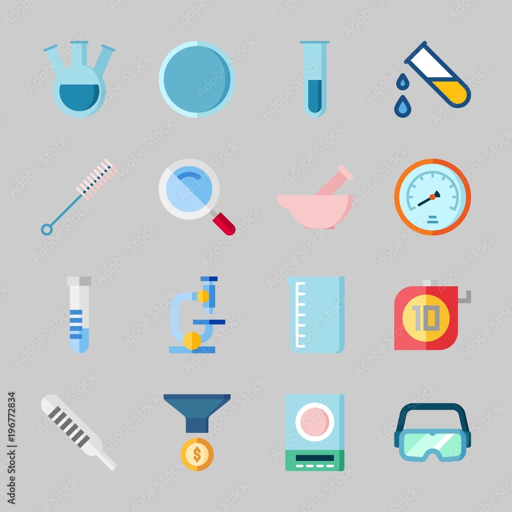 Icons about Laboratory with funnel, beaker, test tube, microscope, secure glasses and thermometer Icons about Laboratory with funnel, beaker, test tube, microscope, secure glasses and thermometer