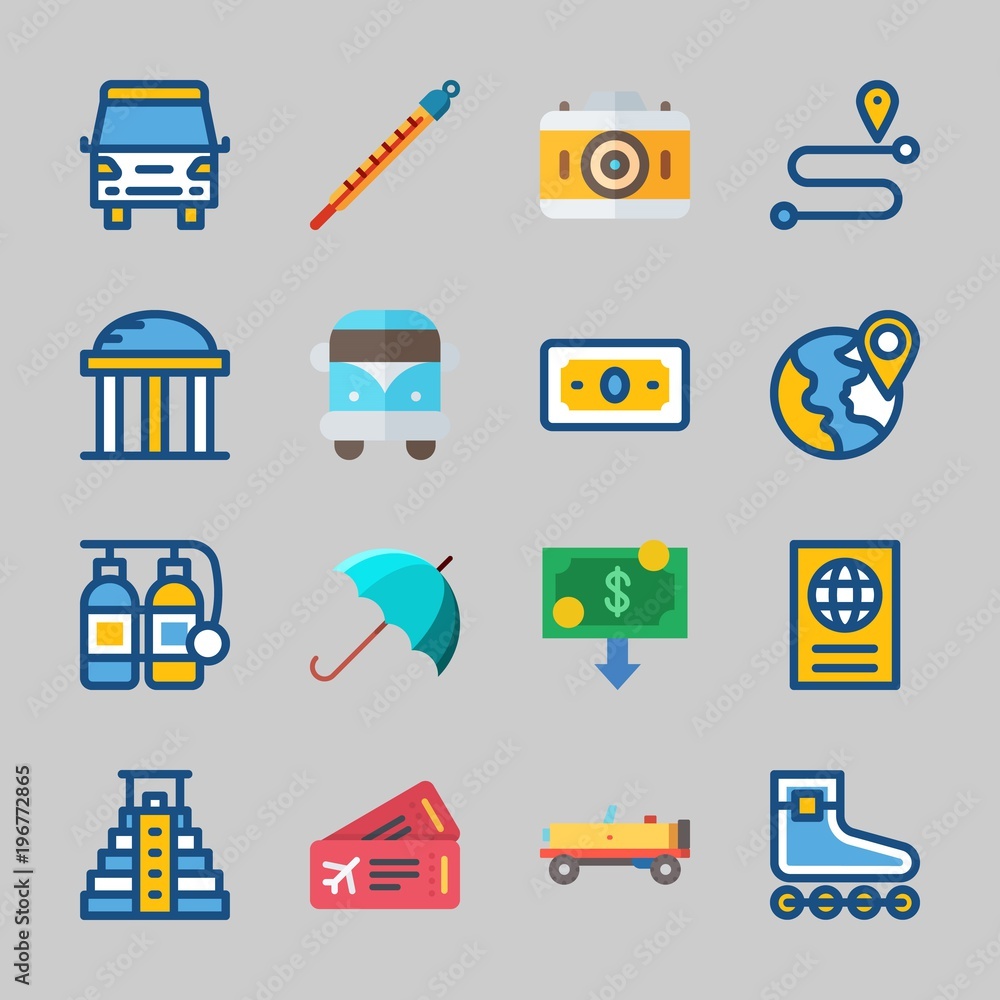 Icons about Travel with thermometer, money, route, van, passport and umbrella Icons about Travel with thermometer, money, route, van, passport and umbrella