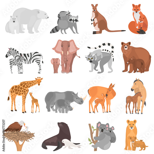 Set of different adult animals and their cubs color flat icons