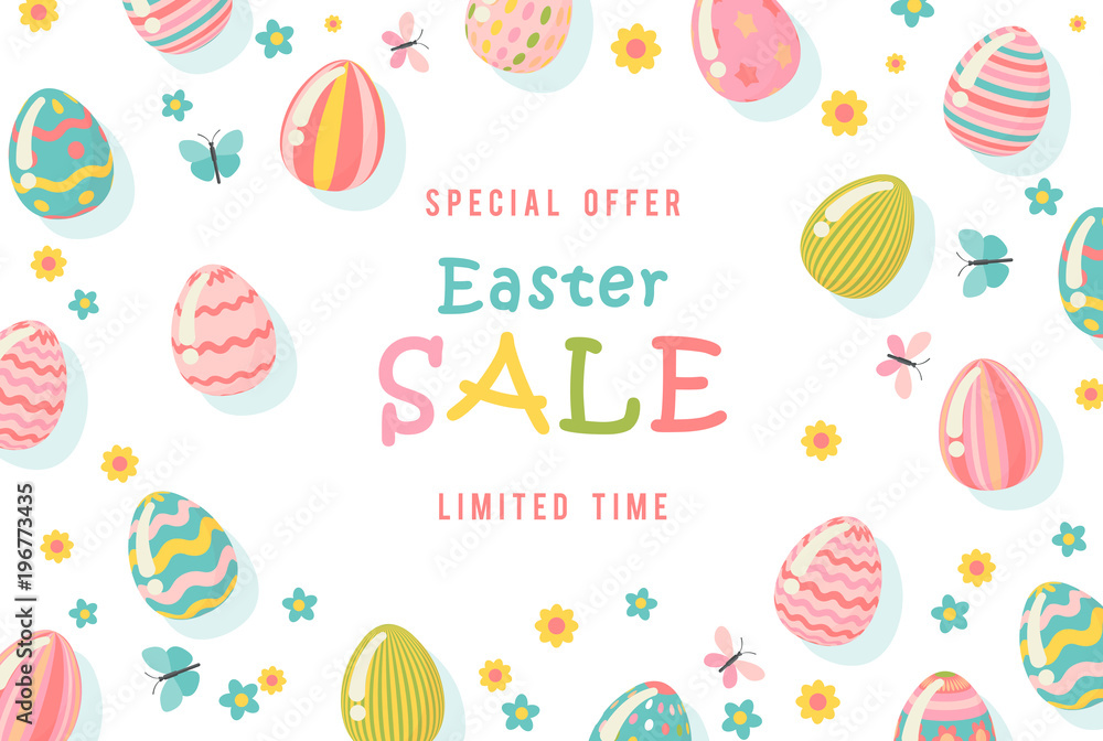 Easter sale special offer poster with eggs and spring flowers. Modern template with pastel colors. Easter sale special offer poster with eggs and spring flowers. Modern template with pastel colors.
