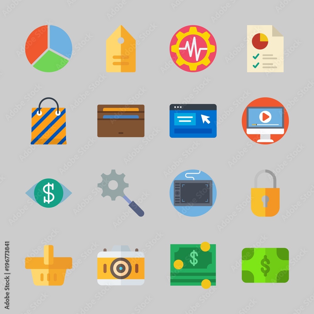 Icons about Commerce with search, online shop, shopping bag, settings, shopping basket and money Icons about Commerce with search, online shop, shopping bag, settings, shopping basket and money
