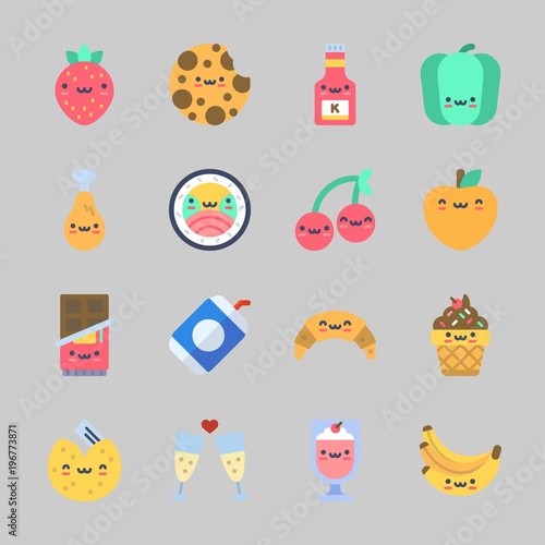 Icons about Food with toast, cookie, bell pepper, peach, strawberry and milkshake