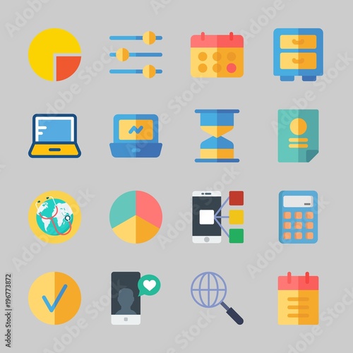 Icons about Business with worldwide, notebook, calendar, pie chart, checked and hourglass