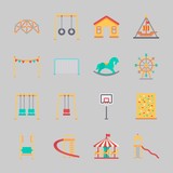 Icons about Amusement Park with basketball, climb , amusement park, climbing, horse swing and ferris wheel
